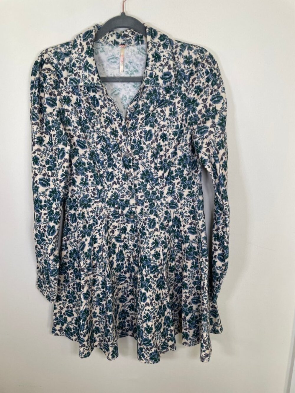 Free People Marvelous Mia Corduroy Blue Floral Print Mini Dress